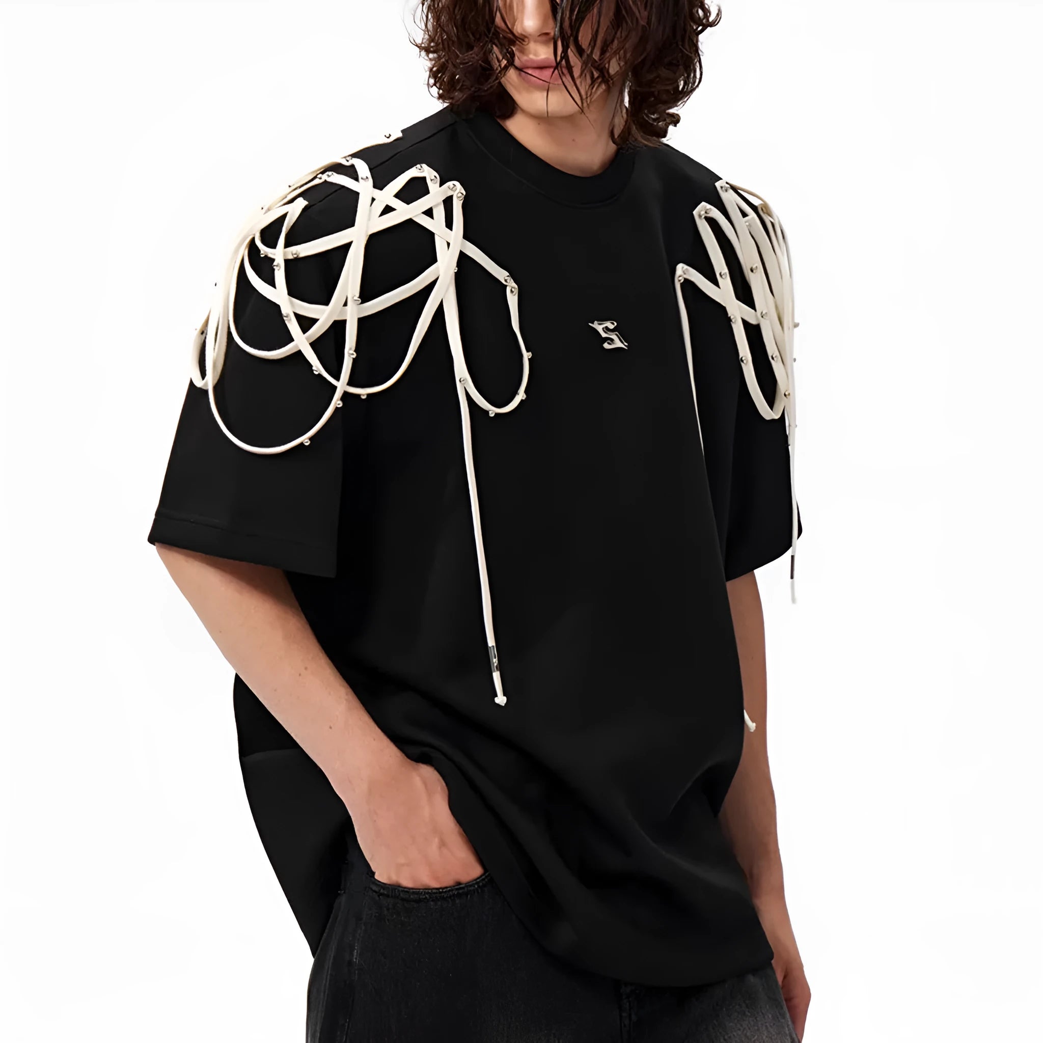 Black short sleeve T-shirt with rivet ribbon padded shoulder detail and loose round neck fit