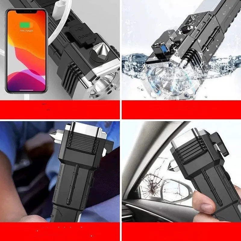 Silver portable LED torch with integrated power bank, showing USB port and IP44 rating.