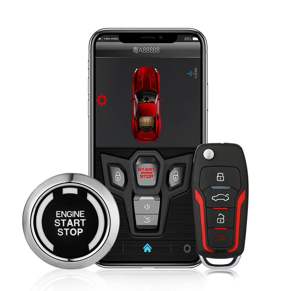 Red and black one-way remote control car alarm system with two remotes for vehicle security.