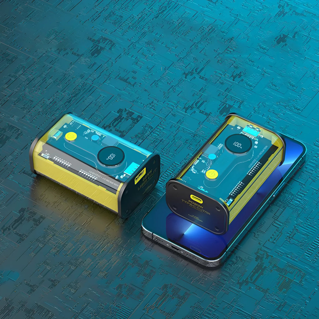 Transparent industrial power bank showing internal aluminium battery case with 10000mAh capacity