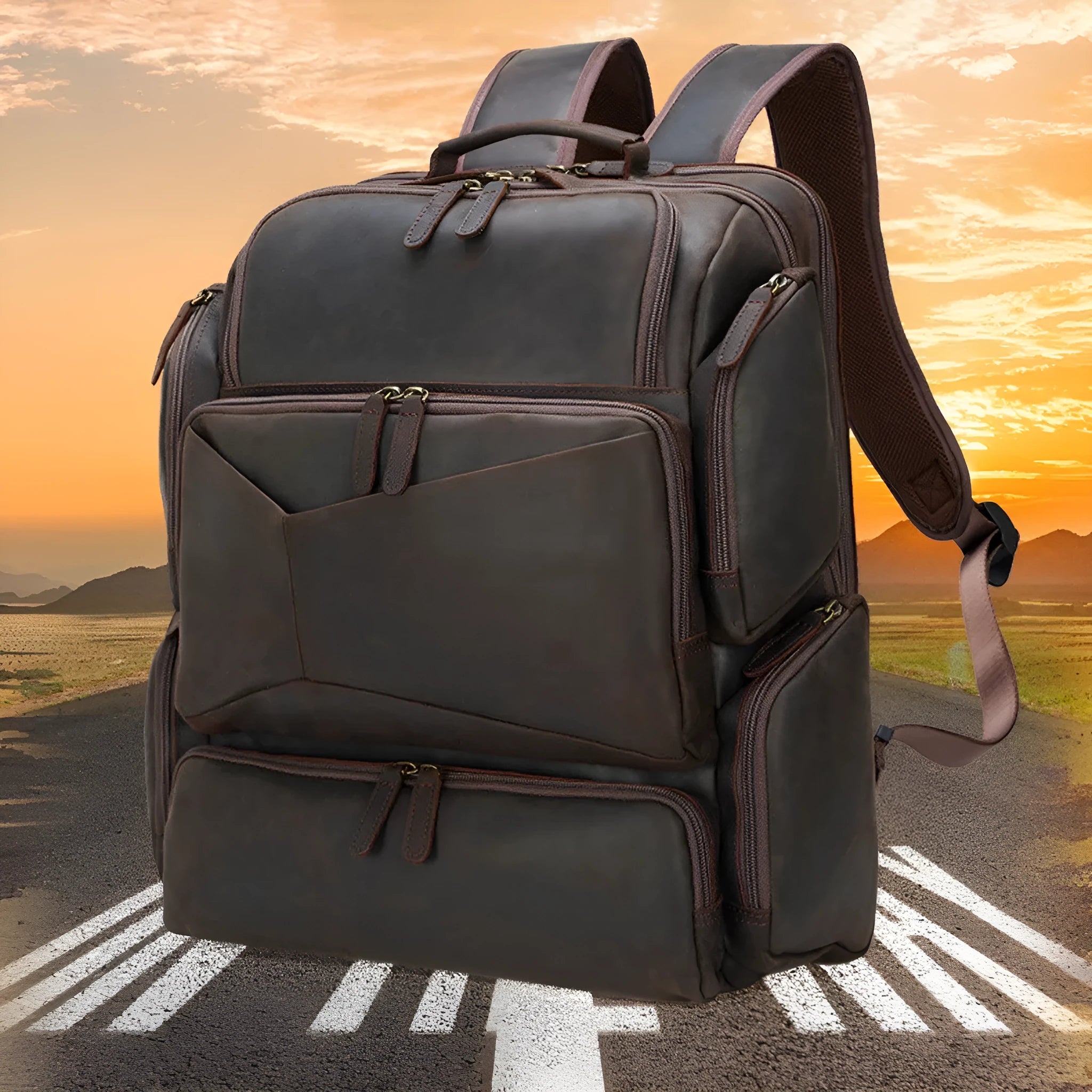 Dark brown retro crazy horse leather men's backpack with a 17-inch laptop compartment and double straps.