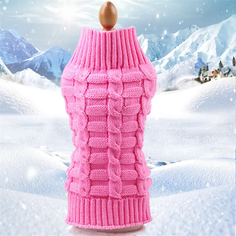 Wool twisted rope style dog sweater shown in multiple colours and sizes for small pets.