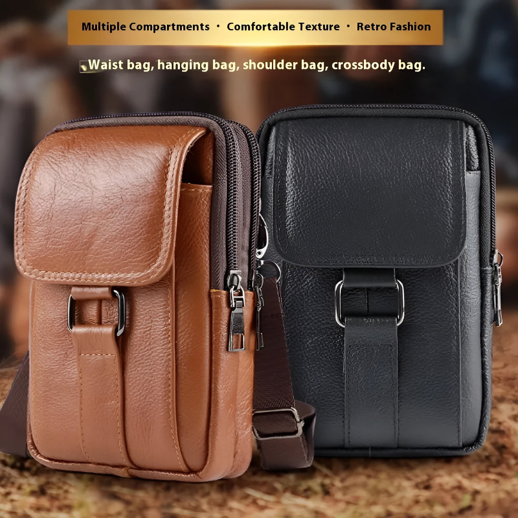 Men's black genuine leather waist bag with lock closure and vertical square design