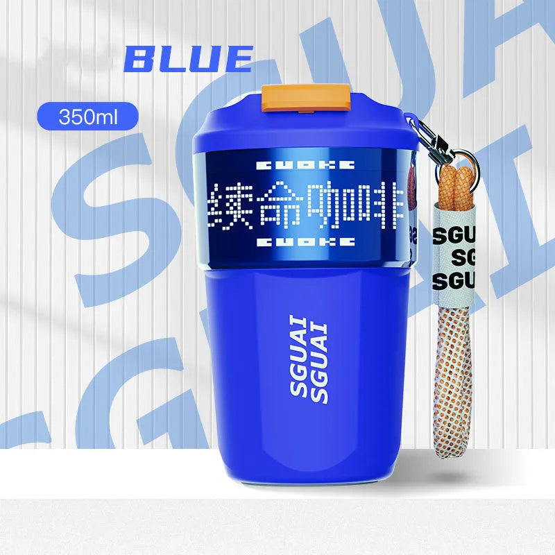 Small Japanese-style stainless steel portable coffee cup in blue, grey, orange, or white.