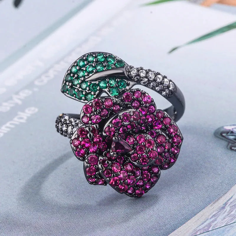 Black gold geometric flower ring with simulation red corundum on copper