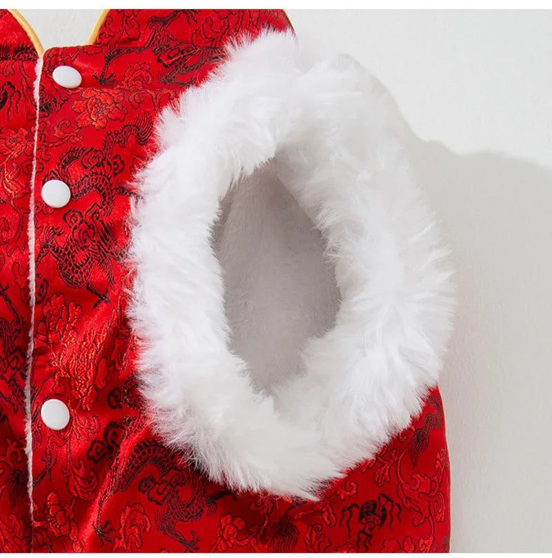 Chinese-style cotton-padded dog Tang suit with rabbit fur collar for large and medium-sized dogs