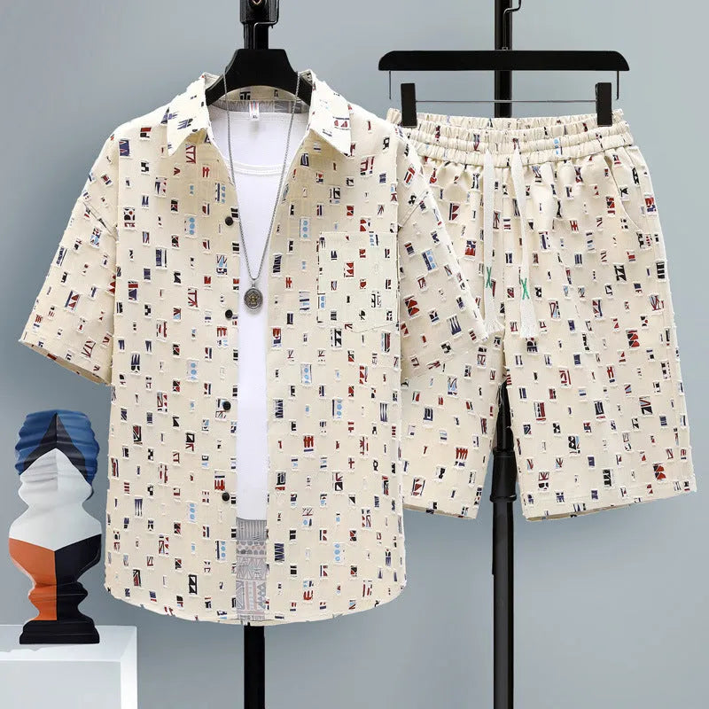 Men's grey casual short sleeve top and matching shorts two-piece set on a hanger.