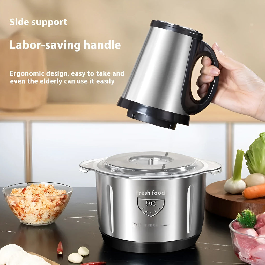 Stainless steel meat grinder with 2L capacity bowl and two knife sets
