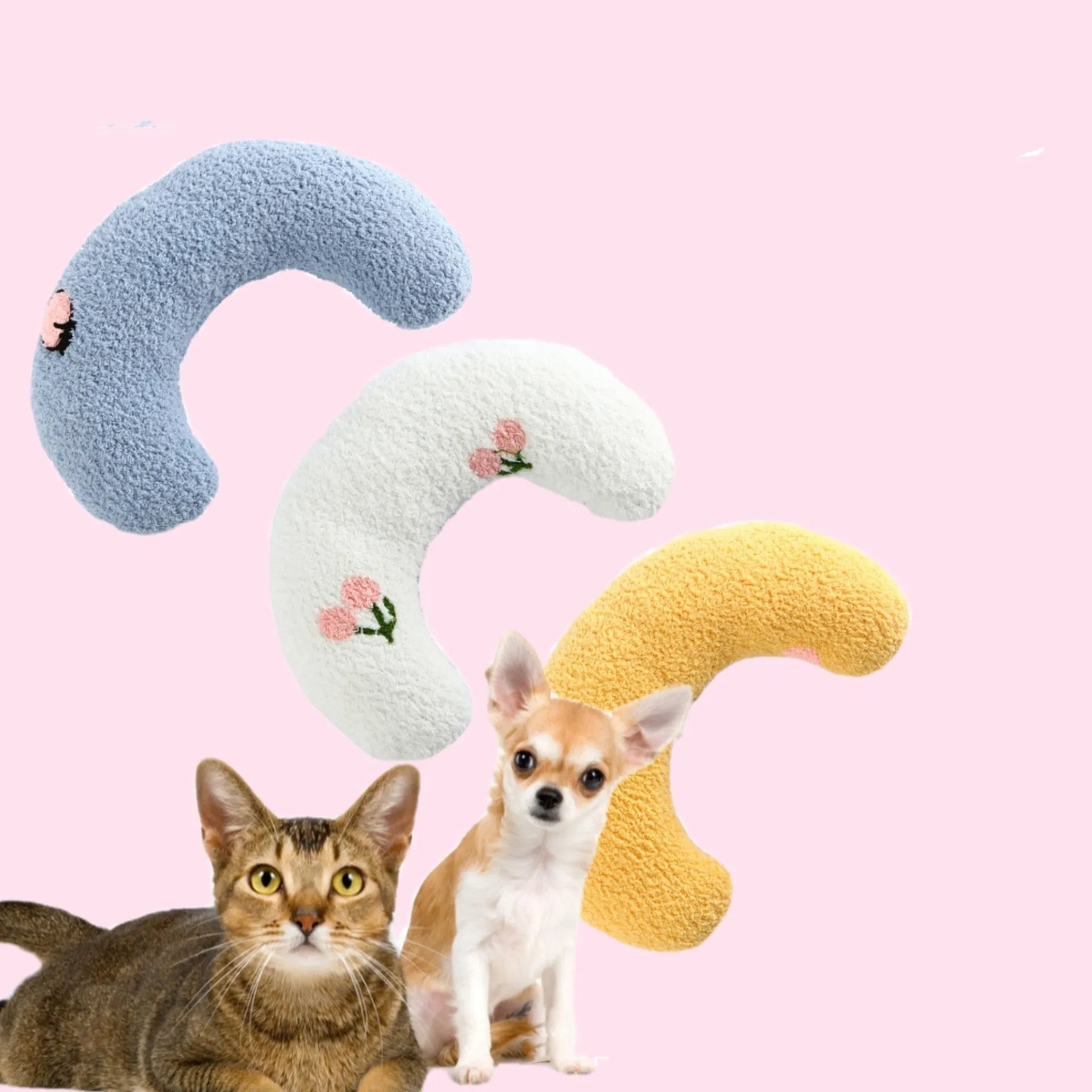 Small blue U-shaped pet pillow with faux fur, showing raised rim and half-donut shape for cats or small dogs.