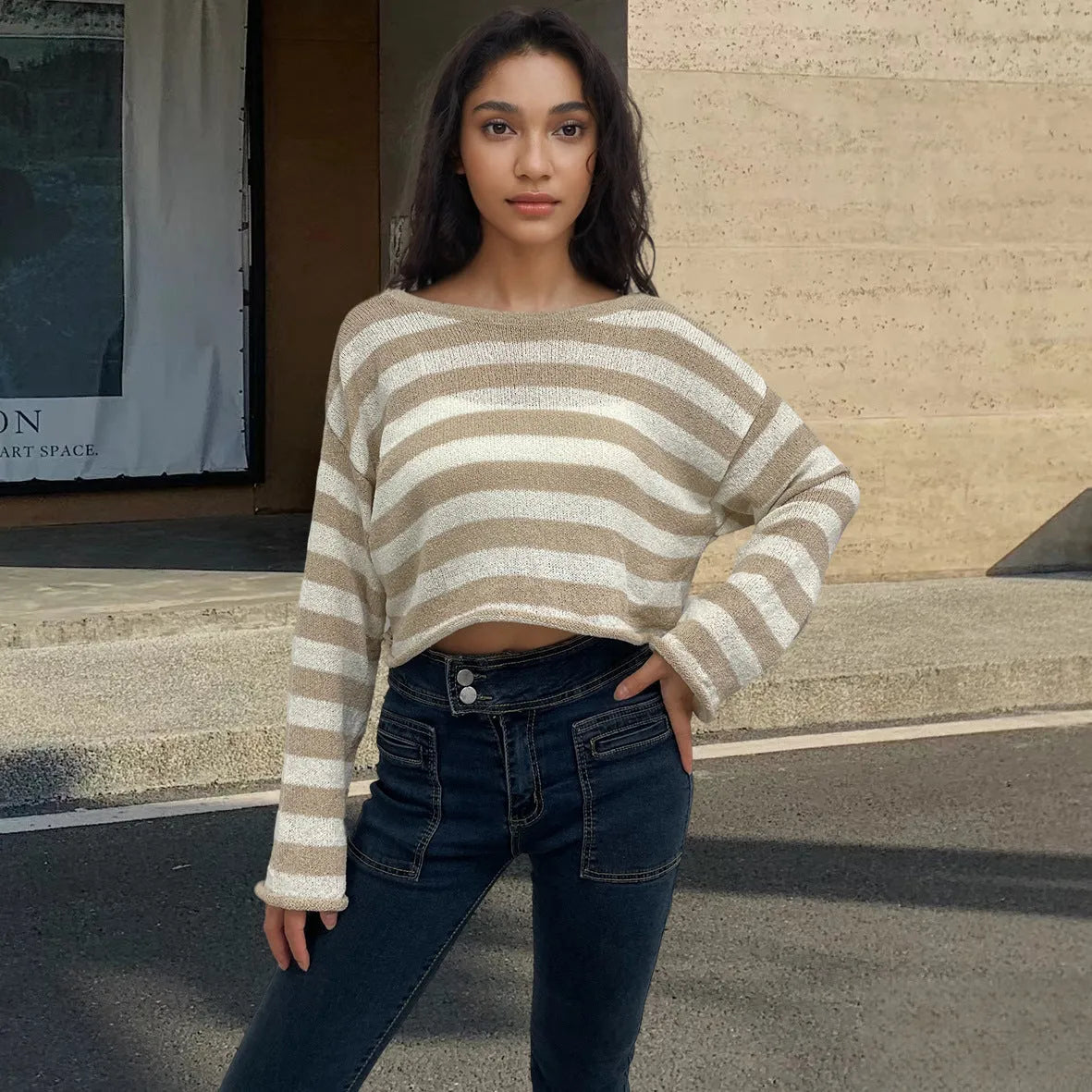 Women's striped long sleeve sweater in mercerised cotton with front and back wearable design