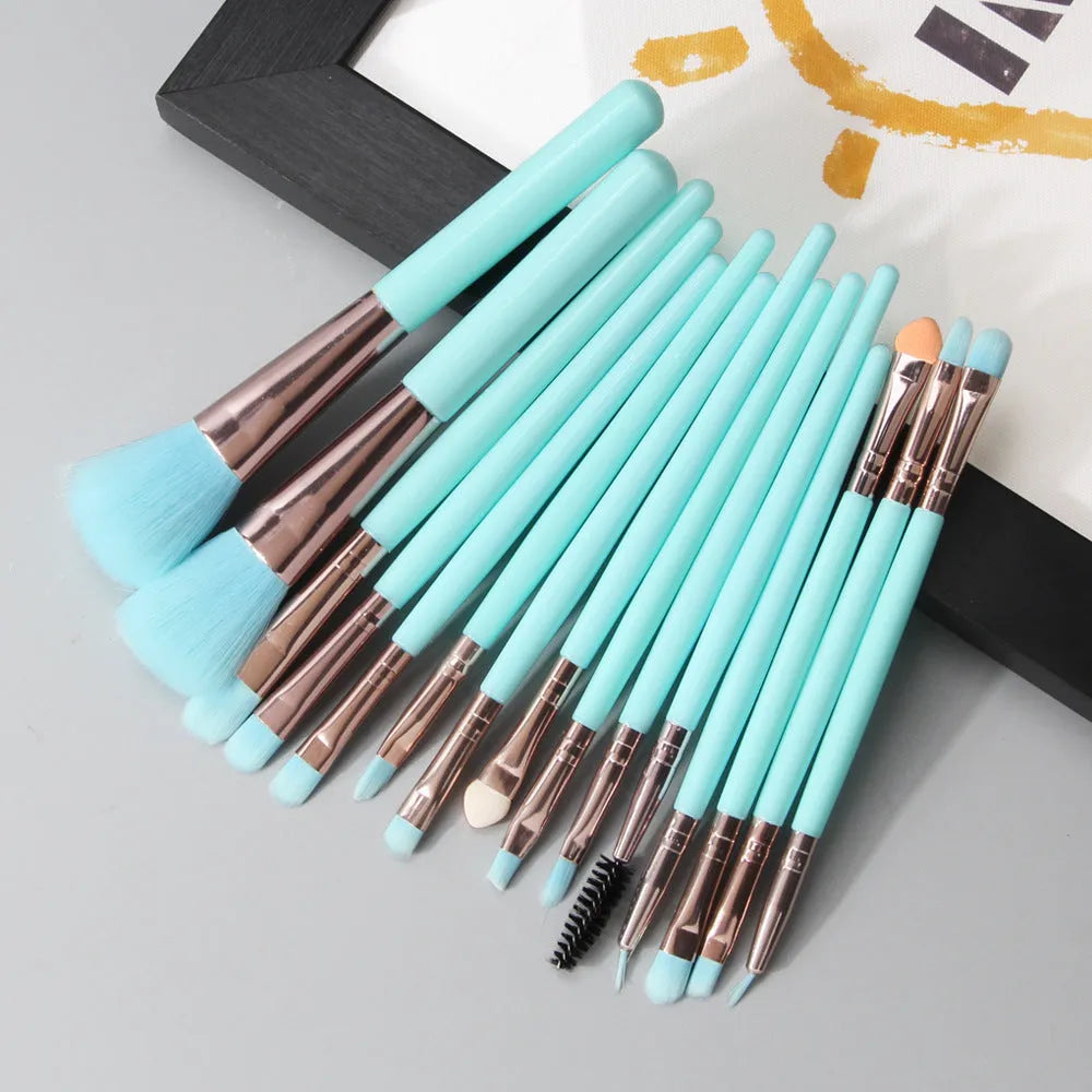 18-piece makeup brush set showing various brush shapes including fan tools for powder and contouring