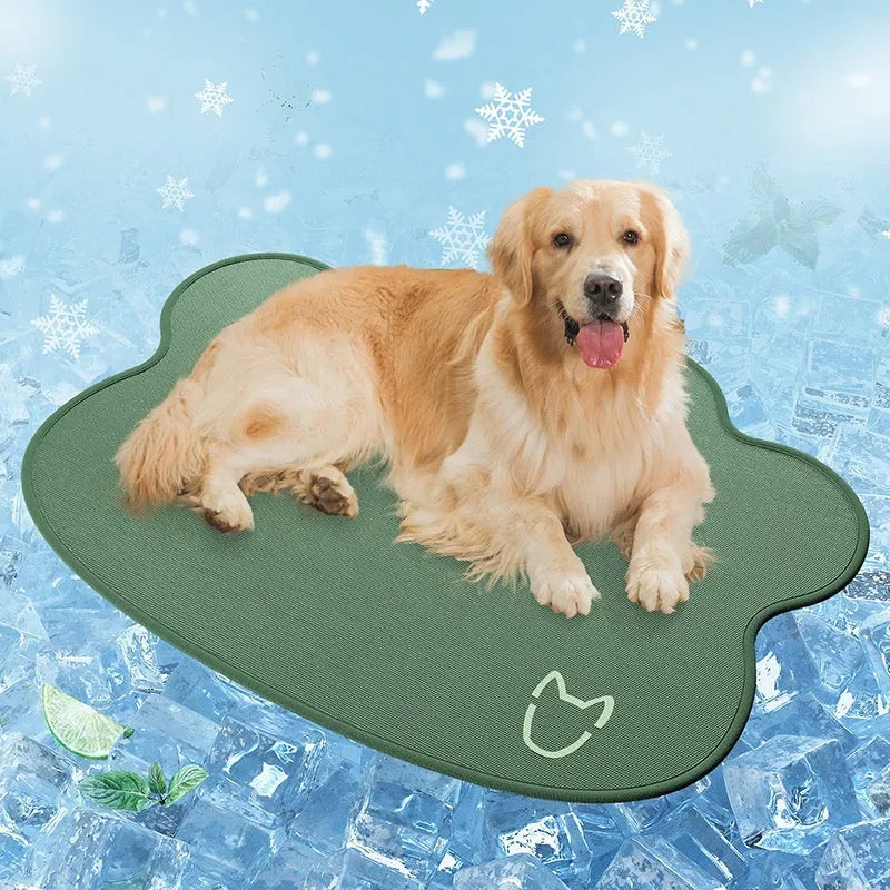 Ice silk dog cooling mat with dog head pattern in light grey on a wooden floor