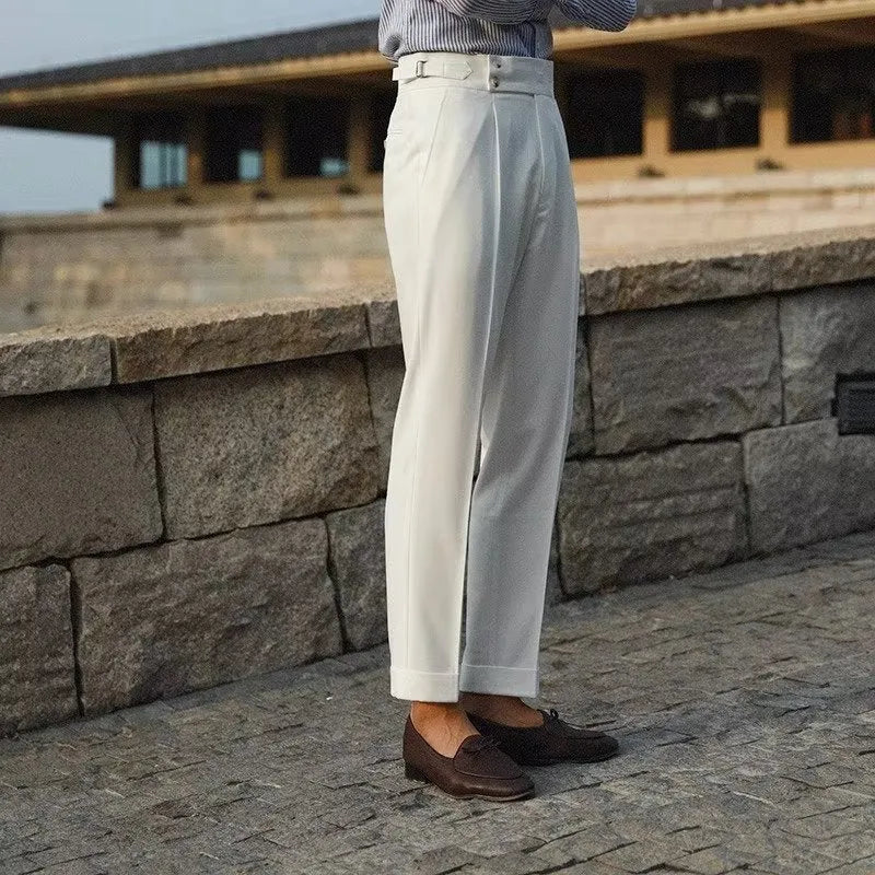 Men's slim fit straight leg suit trousers in black, white or apricot colours with business formal styling