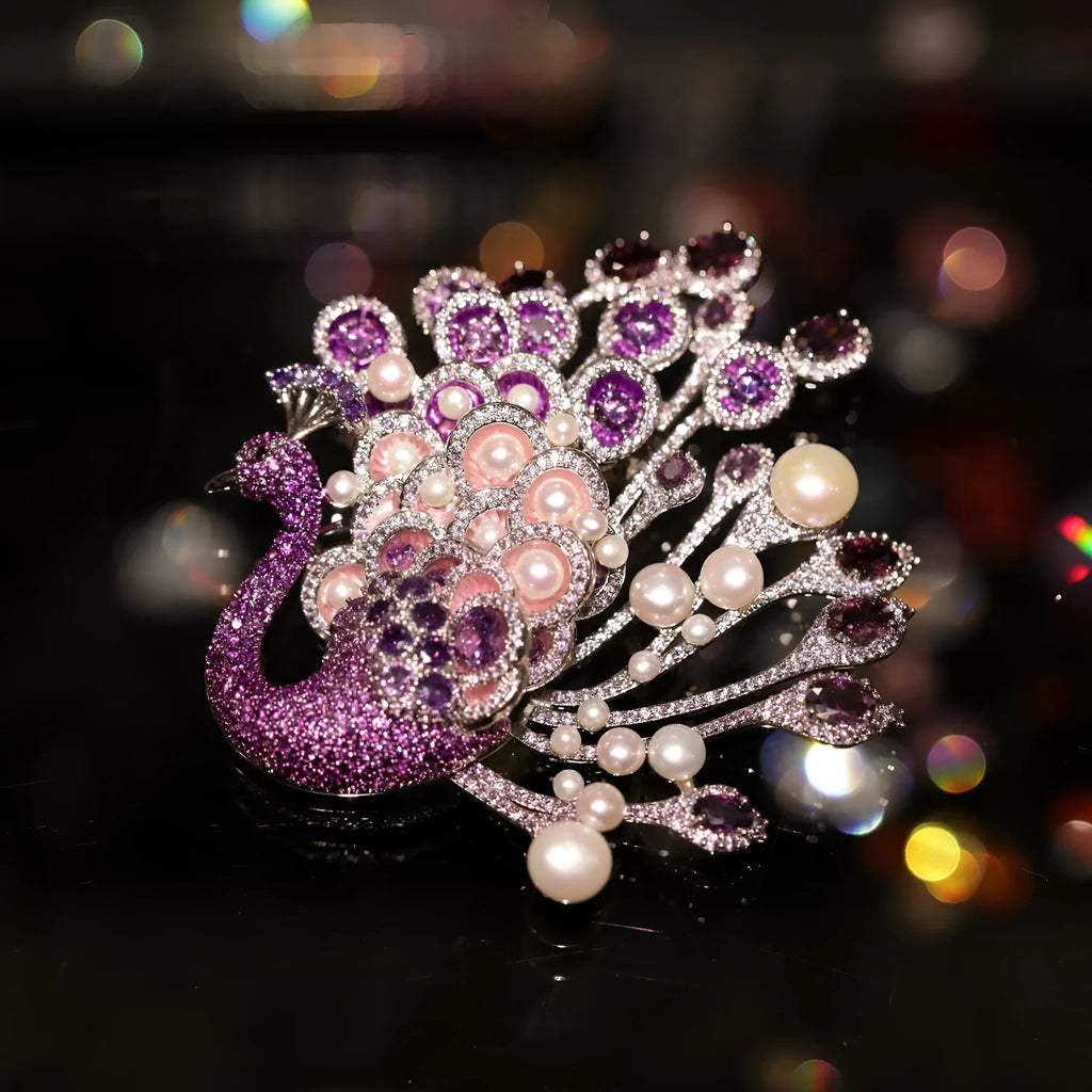 Alloy freshwater pearl peacock brooch on a pink surface, Style1 finish