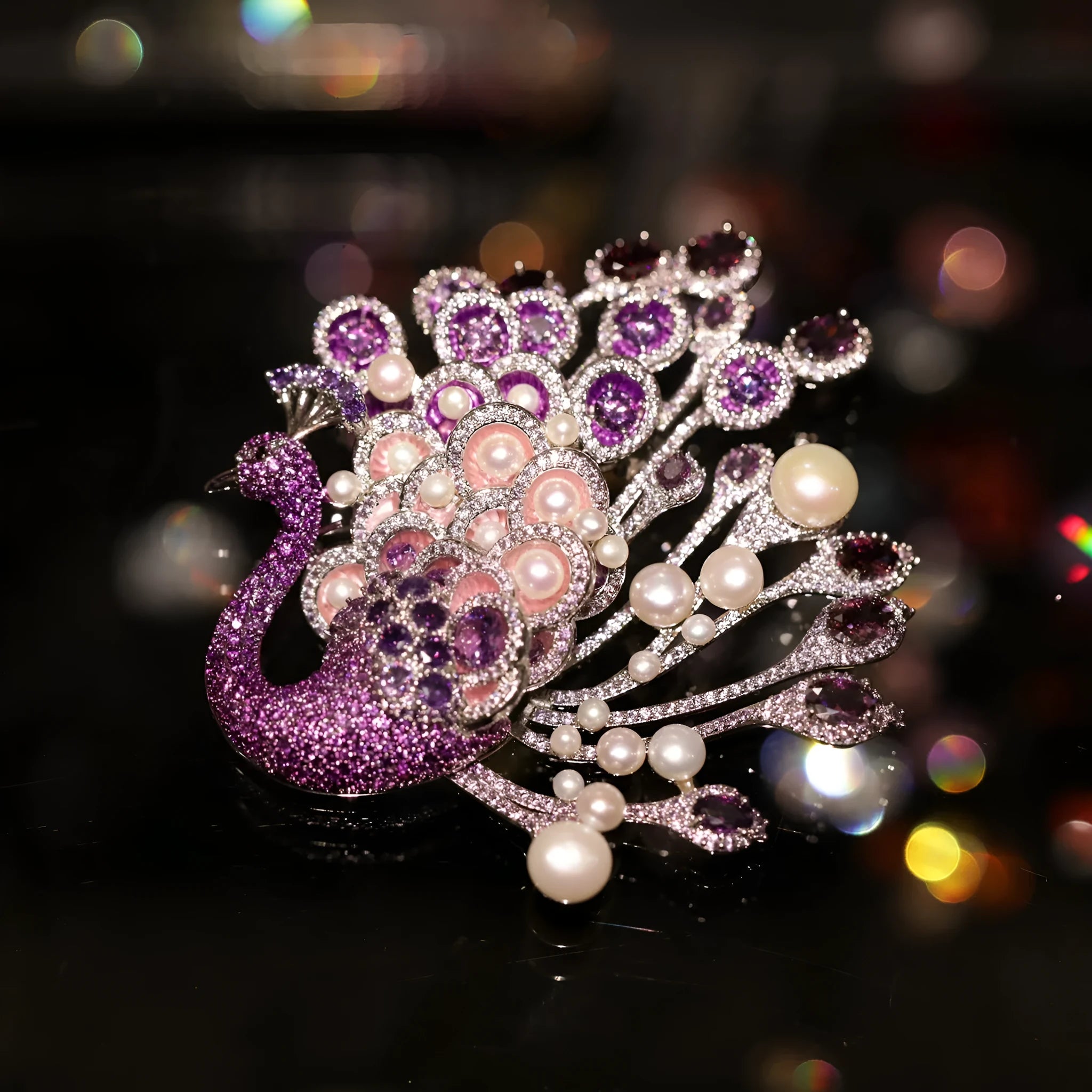 Alloy freshwater pearl peacock brooch on a pink surface, Style1 finish