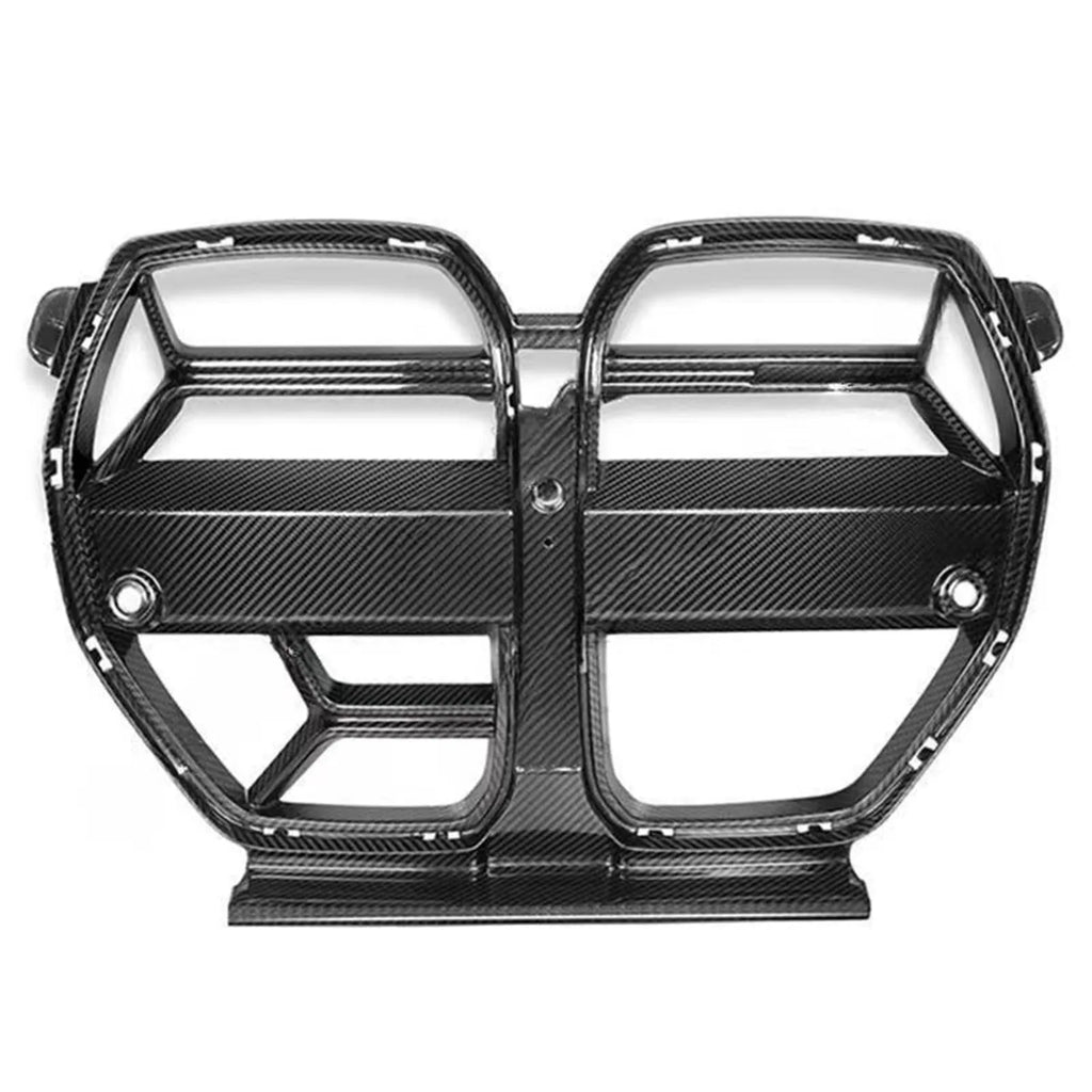 Genuine dry carbon fibre front bumper grille for BMW M3 and M4 models with visible 3K weave pattern