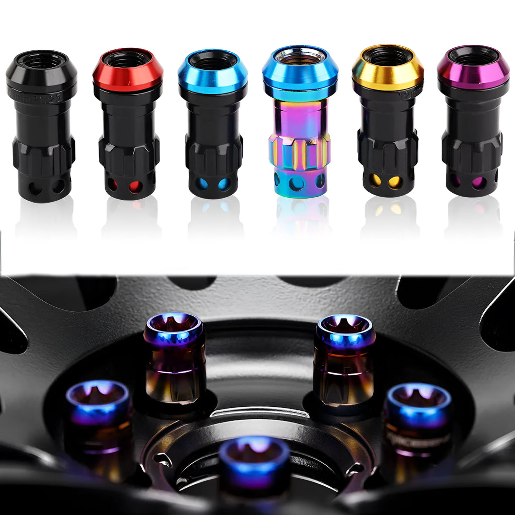 Aluminium alloy forged automobile wheel hub nut in various colours including red, gold, blue, purple, and black combinations.