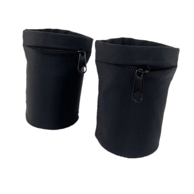 Black wrist bag armband sleeve for mobile phone, shown on an arm, dimensions 10cm by 10.5cm.