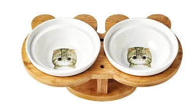 Ceramic cat bowl set on wood base with two bowls, 31.8cm, Grey Cat style