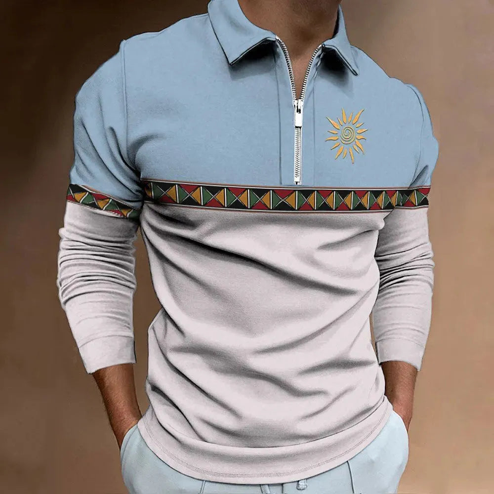 Men's loose-fit long-sleeve t-shirt with retro colour printing and zip decorations on sleeve