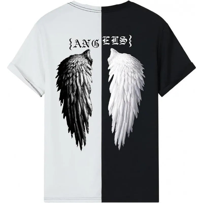 Men's printed short-sleeve casual sports T-shirt showing digital pattern design on polyester fabric.