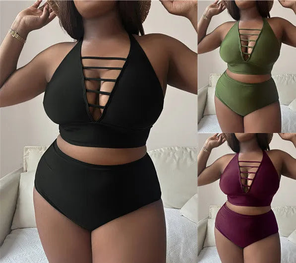 Plus size woman in a black halter bikini with cross shoulder straps and high-waisted briefs.