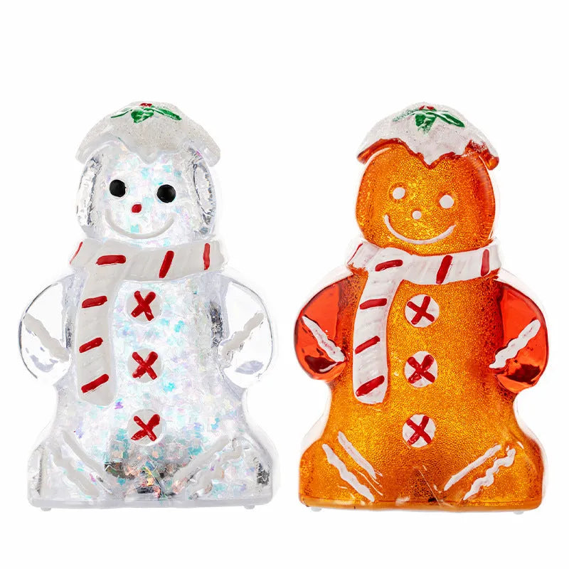 Glowing gingerbread man Christmas ornament with snowman design and LED lights