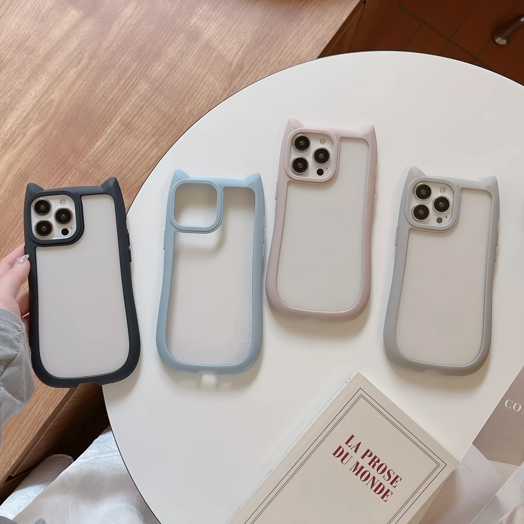 Acrylic high version cat ears phone case for iPhone 17 series in pink, with TPU bumper and clear back