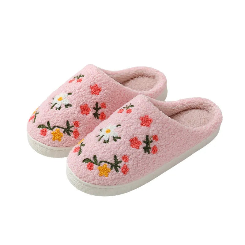 Women's warm cotton slippers with embroidered flower design in plum blossom colour