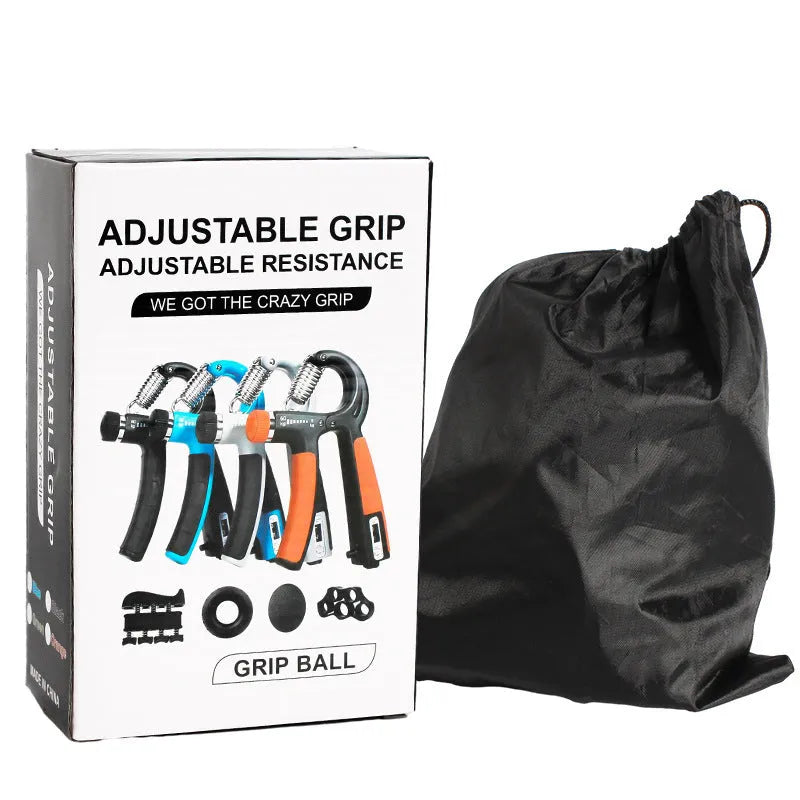 Adjustable count spring grip five-piece set with counting grip, piano grip, five finger trainer, silicone hand grip, and TPE egg ball in black