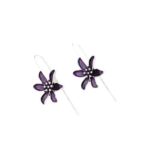 Pair of purple retro-style flower-shaped alloy earrings for women.