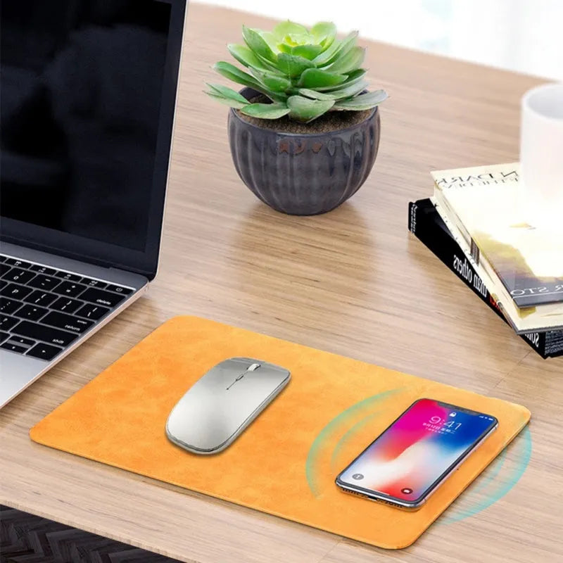 Brown PU leather wireless charging mouse pad with micro USB cable