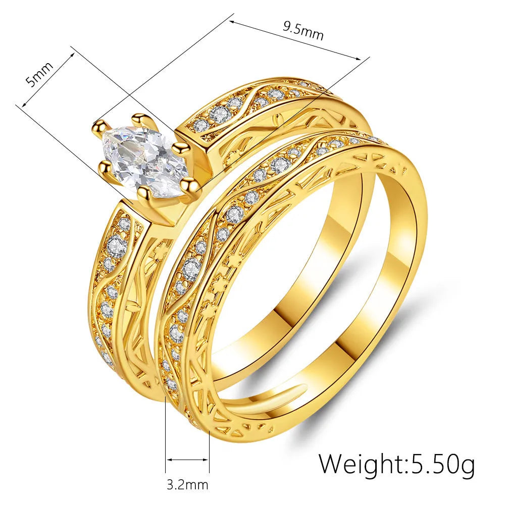 Pair of copper couple rings with horse eye zircon stone, geometric shape, electroplated finish, sizes 6-9