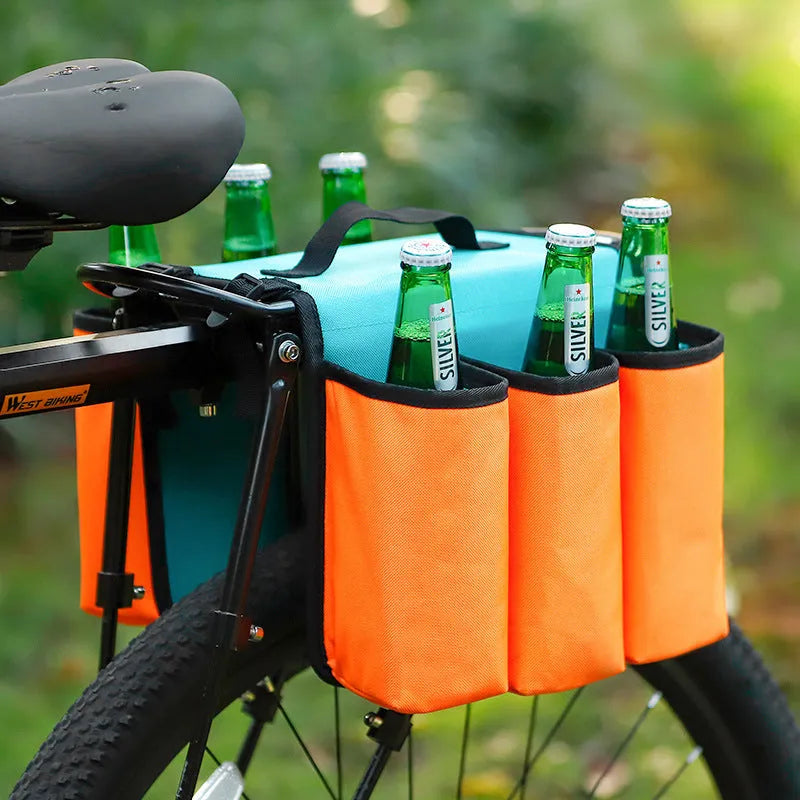Black and orange bicycle double-sided drink shelf bag mounted on bike rack with 2 litre capacity
