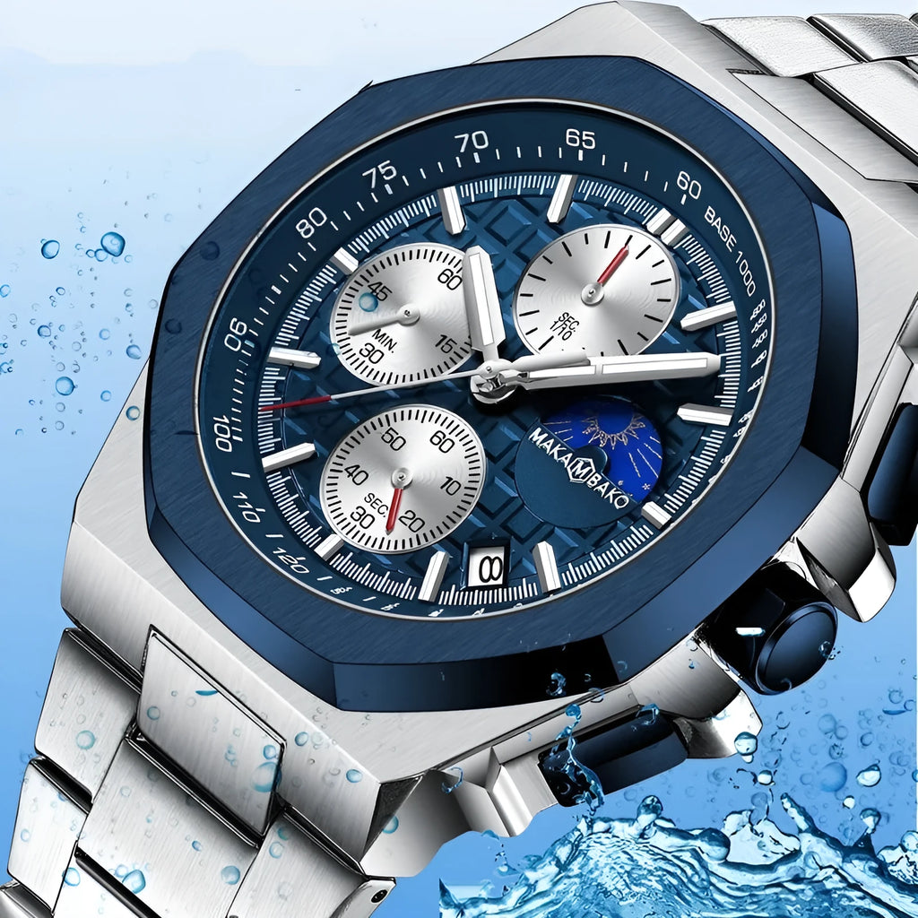 Men's quartz watch with mineral glass mirror, 12mm thickness, stainless steel buckle, blue surface and silver chain