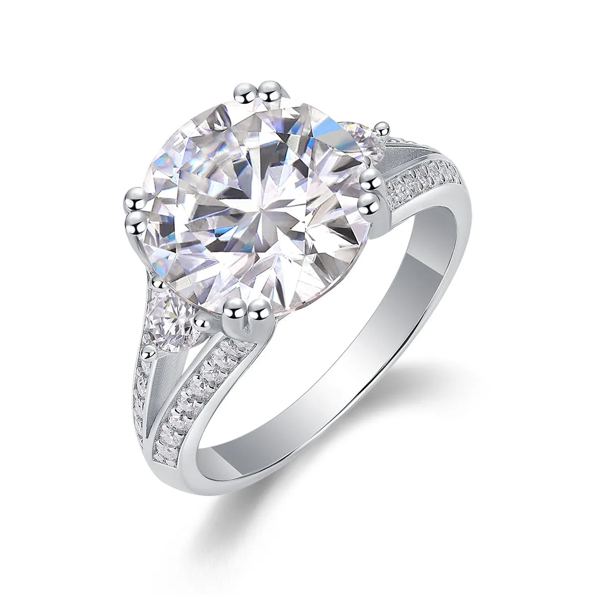 5-carat moissanite wedding ring S925 silver with gold plating on white background, GRA certificate included