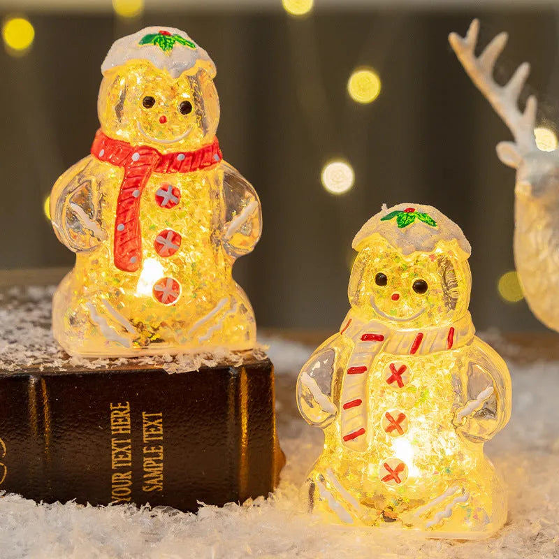 Glowing gingerbread man Christmas ornament with snowman design and LED lights