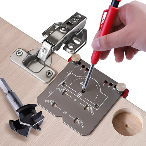 Red aluminium alloy hinge punch locator tool with adjustable margin settings for 35mm cabinet hinges