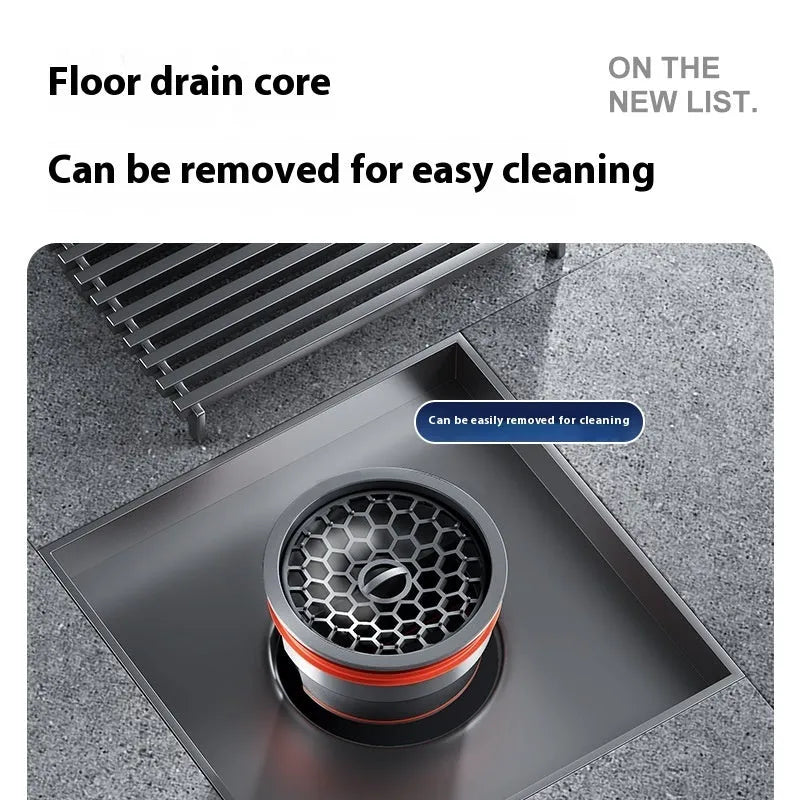 Gun grey 304 stainless steel courtyard floor drain with a square ABS plastic core.