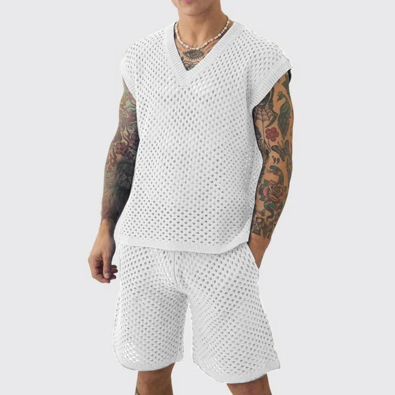 Men's blue V-neck sleeveless vest and matching shorts summer sports suit