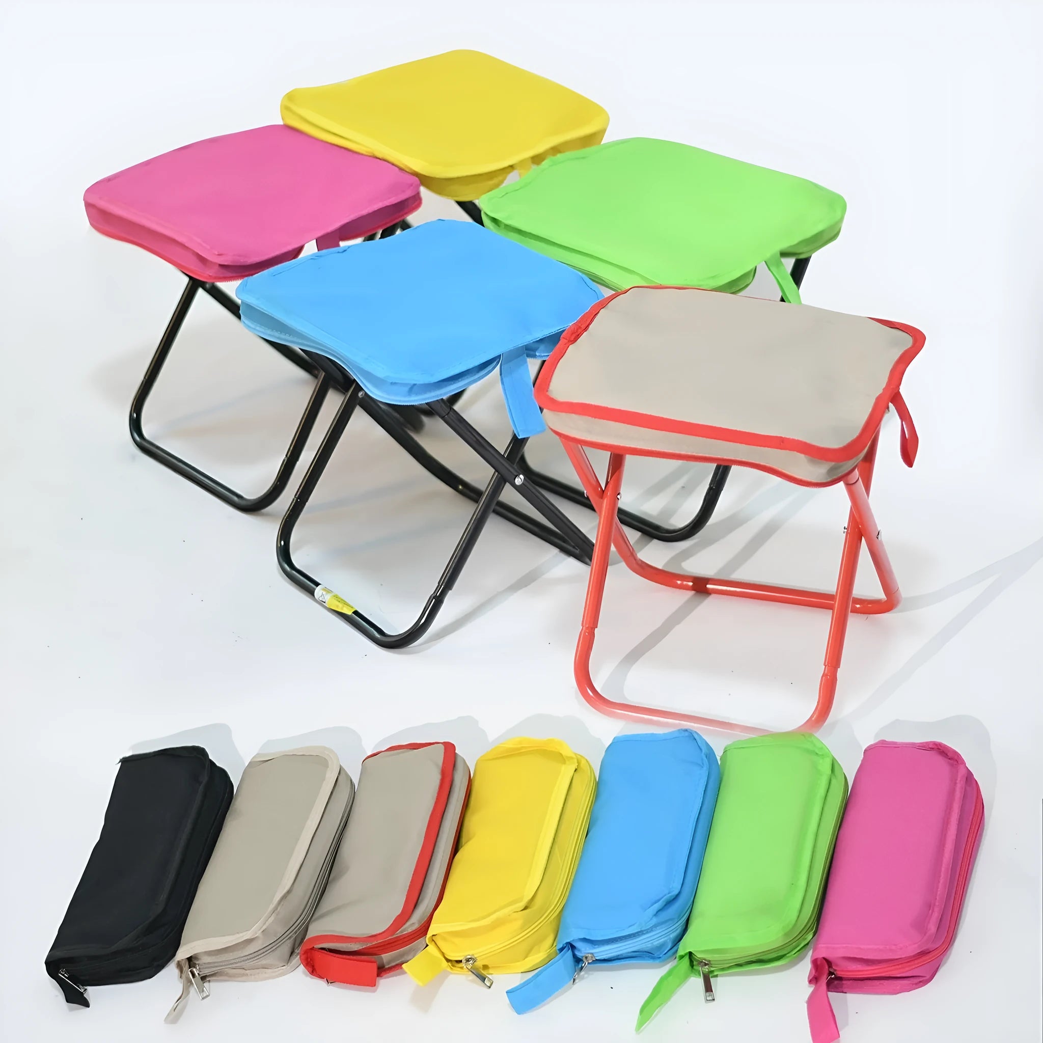Lightweight foldable outdoor camp stool in Oxford cloth, shown folded and unfolded in khaki colour.