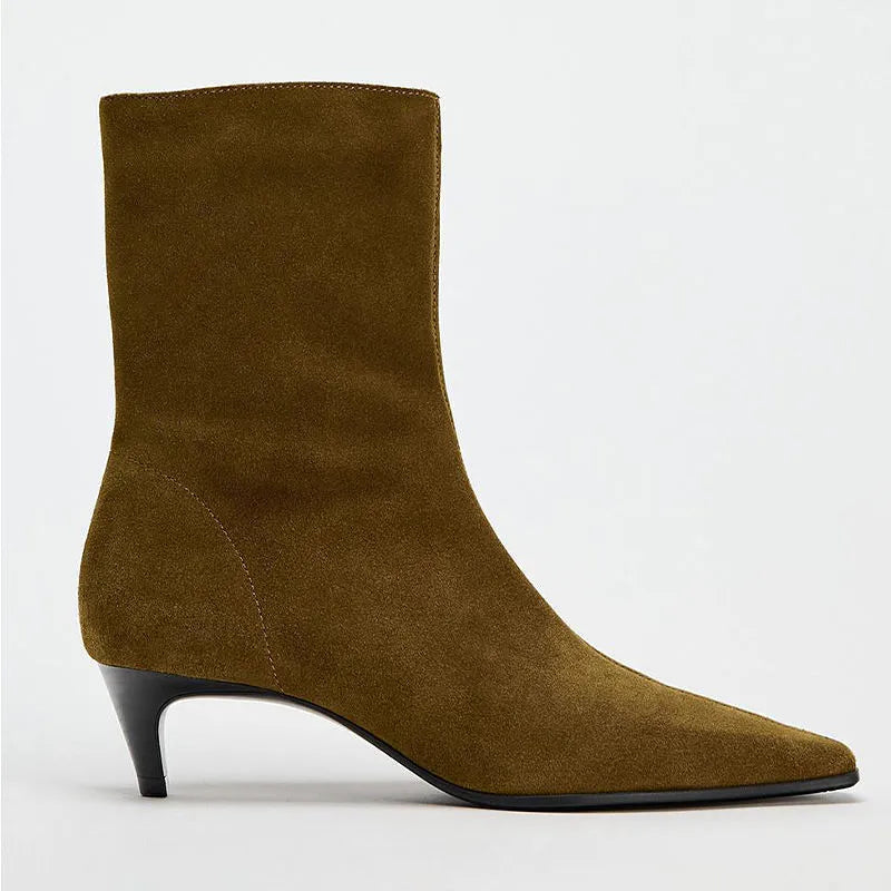 Women's square toe kitten heel booties with side zip closure in black or brown with waterproof platform sole