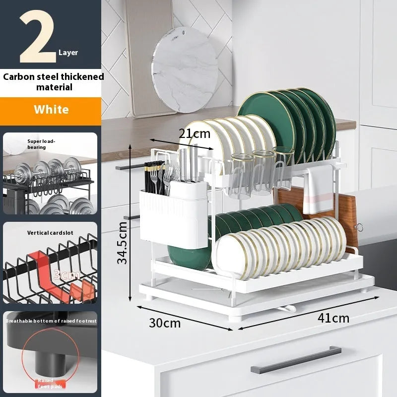 White double-layer kitchen storage rack with removable draining component on counter