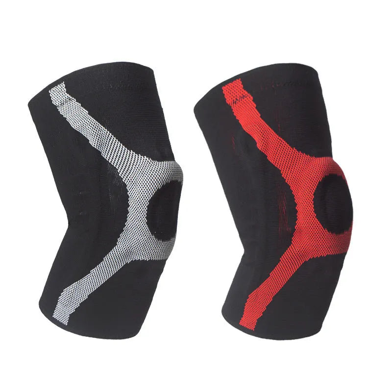 Silicon knitted non-slip knee pads for sports in red and grey colours with four size options