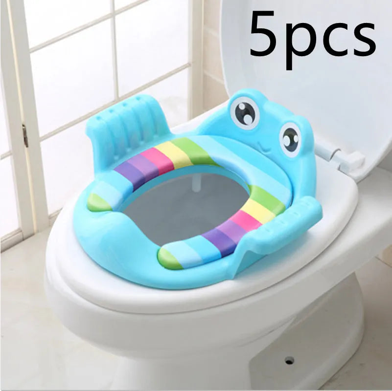 Pink baby toilet seat with adjustable non-slip pads for toddlers aged 1-6 years on a toilet bowl