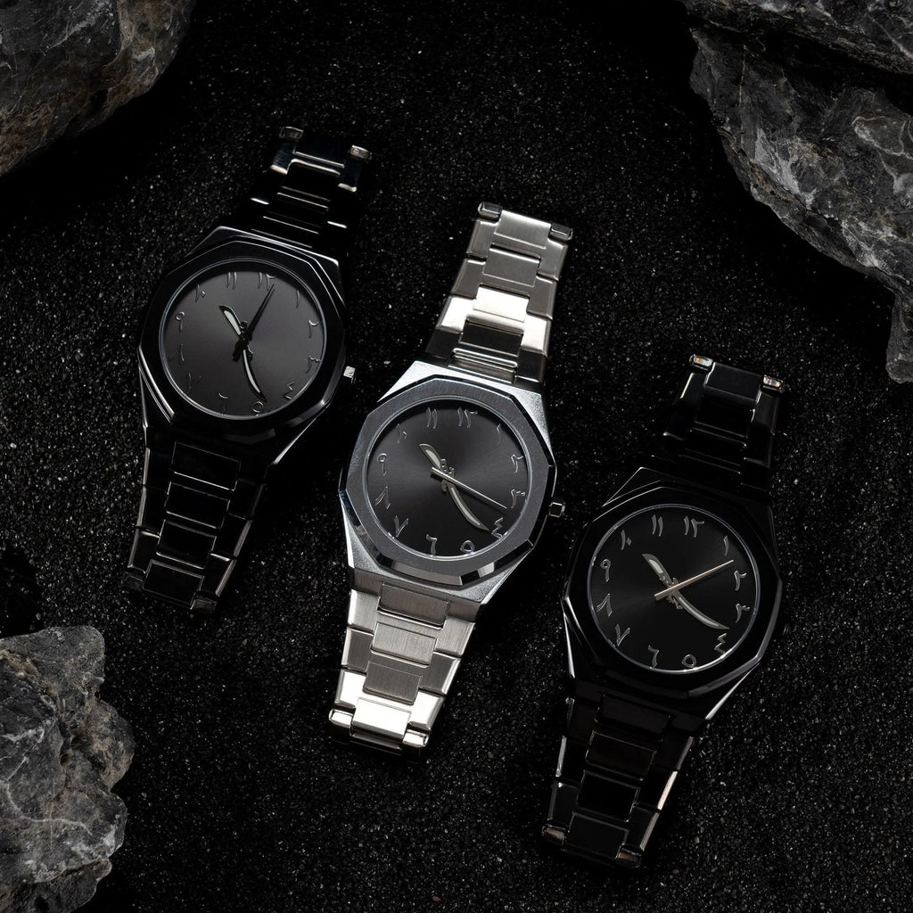 Men's steel band quartz watch with business styling in black, silver, and black silver colour options