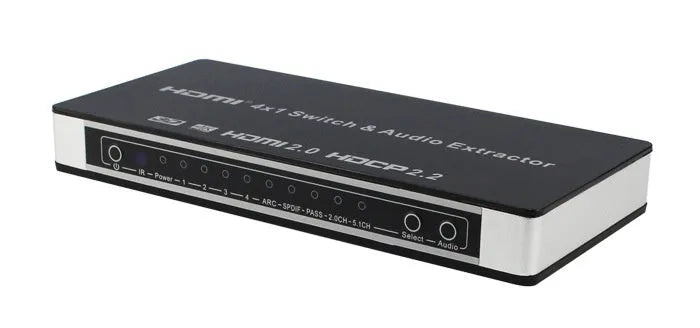 Black HDMI switch with four inputs one output, remote control and 10 metre cable for multi-source connectivity
