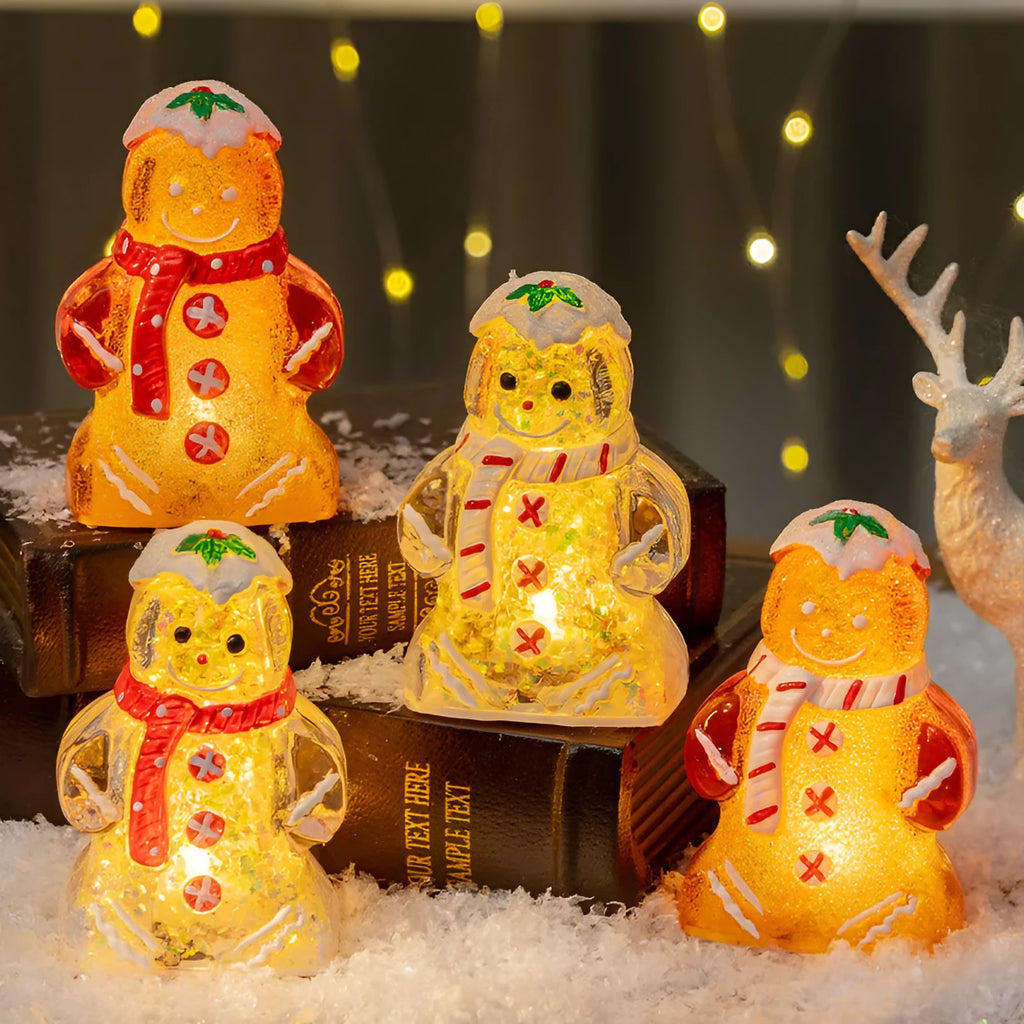 Glowing gingerbread man Christmas ornament with snowman design and LED lights