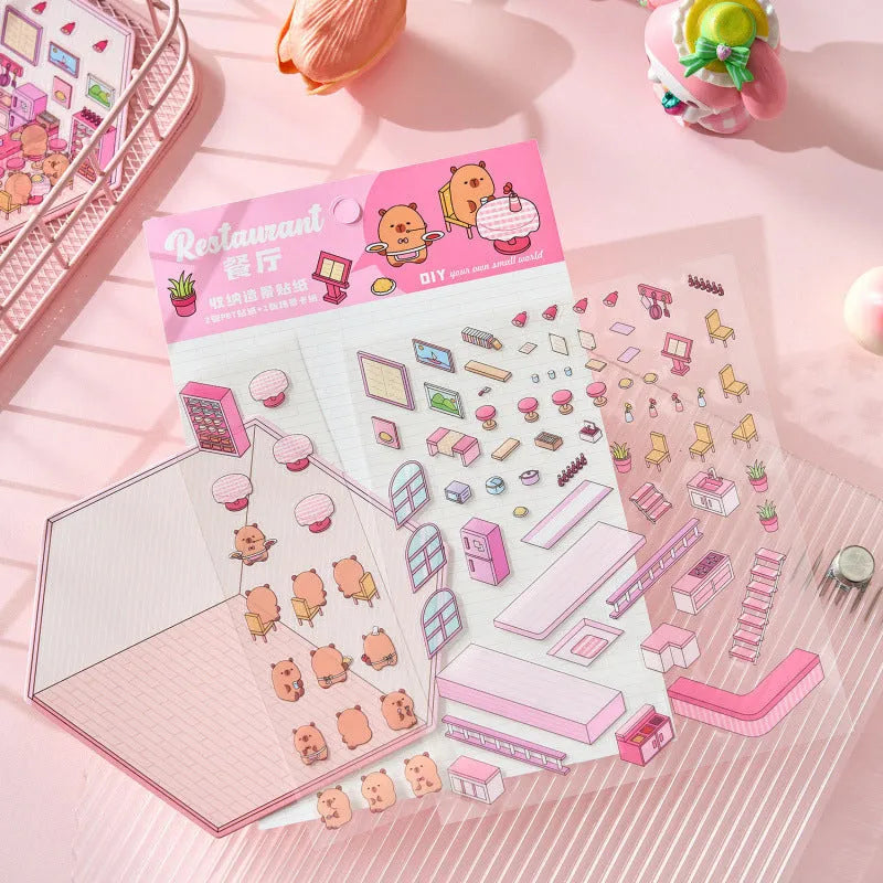 Capabala cut-free cartoon PET decorative sticker sheet in eight colour themes on a 190x125mm sheet.