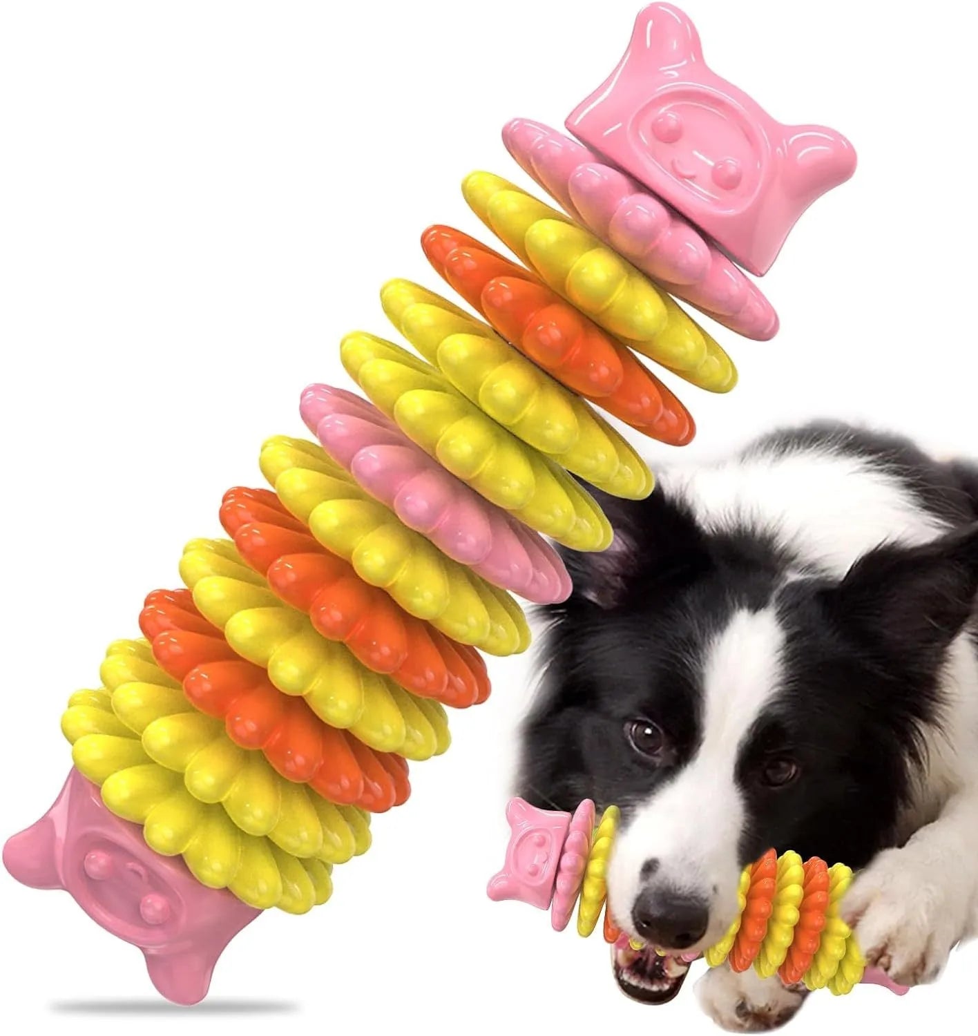 Blue caterpillar-shaped natural rubber dog chew toy for aggressive chewers